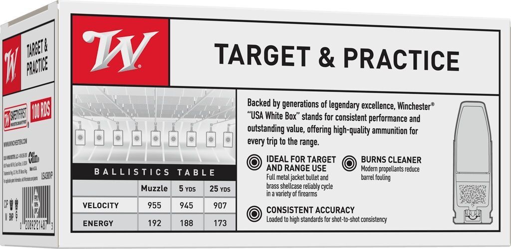 Winchester USA White Box .380 Auto, 95 Grain FMJ, 100-Rd