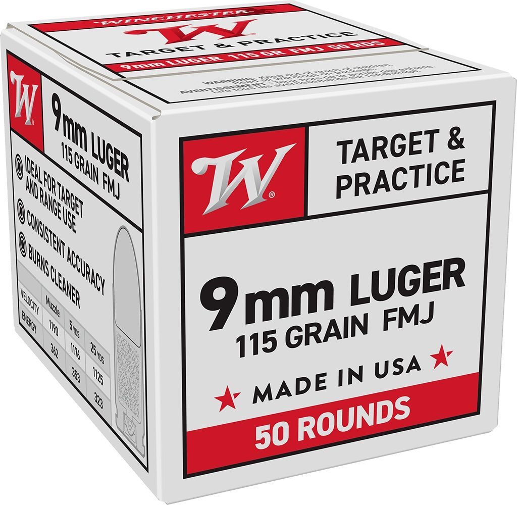 Winchester USA White Box 9mm Luger, 115 Grain FMJ Pistol Ammo, 50-Rd