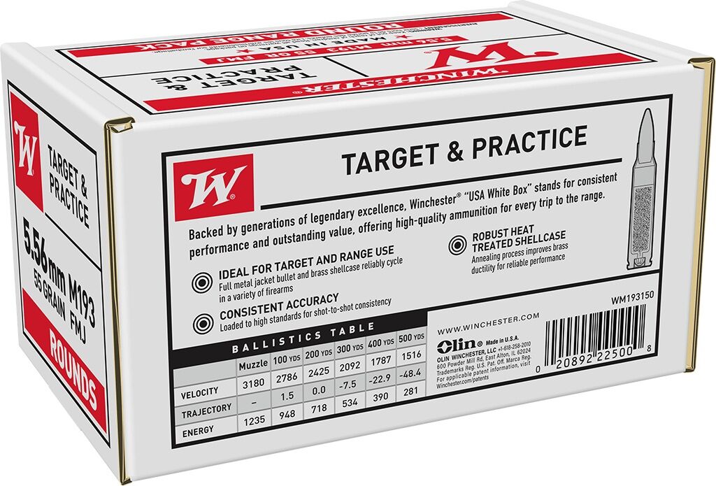 Winchester Target & Practice 5.56 NATO, 55 Grain Full Metal Jacket Rifle Ammo, 100-Rd