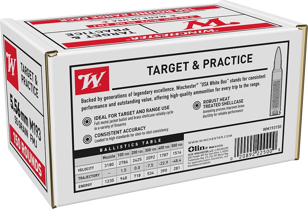 Winchester Target & Practice 5.56 NATO, 55 Grain Full Metal Jacket Rifle Ammo, 150-Rd