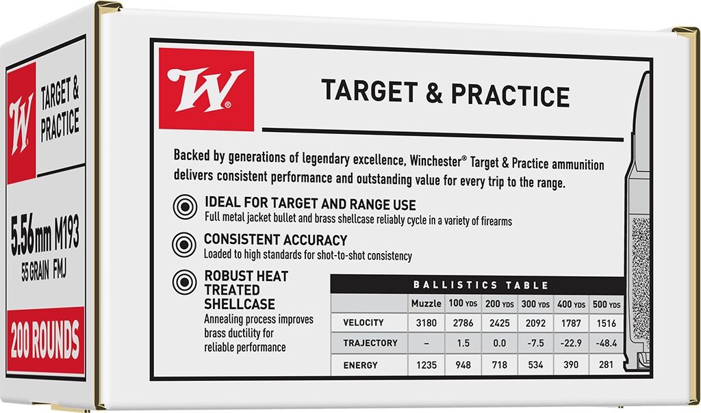 Winchester Target & Practice 5.56 NATO, 55 Grain Full Metal Jacket Rifle Ammo, 200-Rd