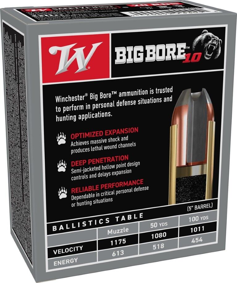 Winchester Big Bore 10mm Auto, 200 Grain Semi-Jacketed Hollow Point Pistol Ammo, 20-Rd