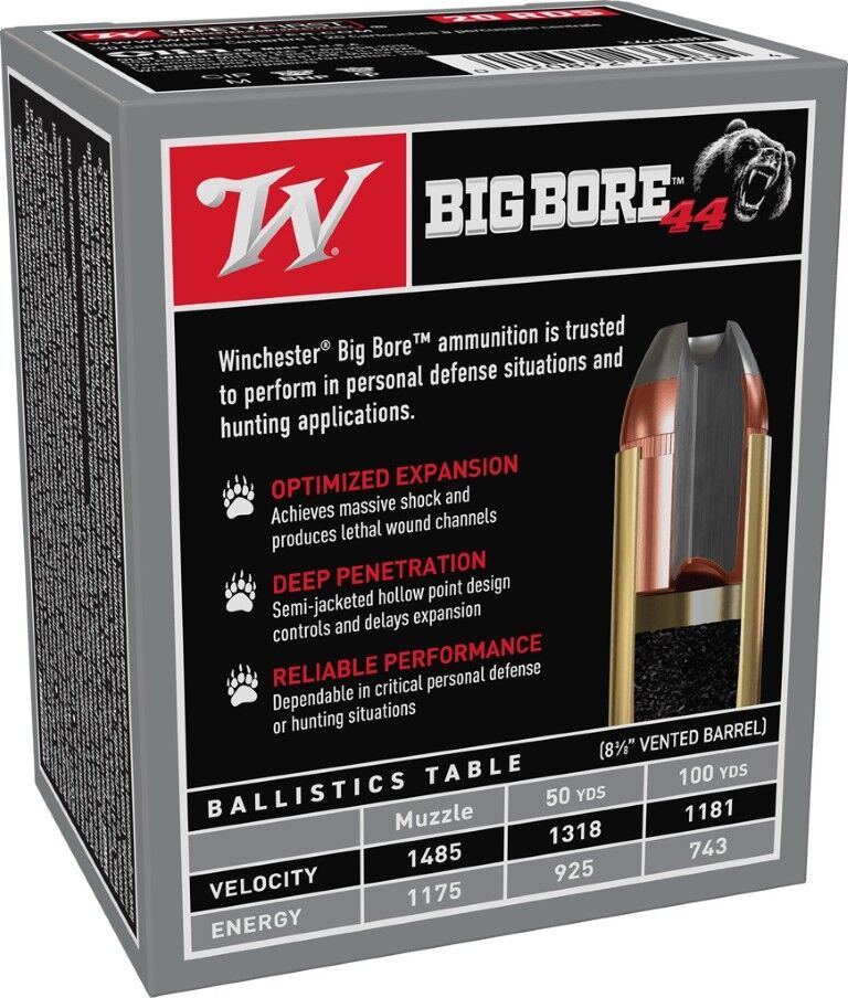 Winchester Big Bore .44 Rem Mag, 240 Grain Semi-Jacketed Hollow Point Pistol Ammo, 20-Rd