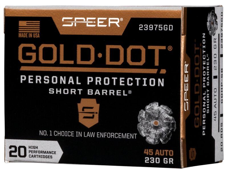 Speer Gold Dot 45 Auto Short Barrel Hollow Point Ammunition, 230 Grain, 20-Rd