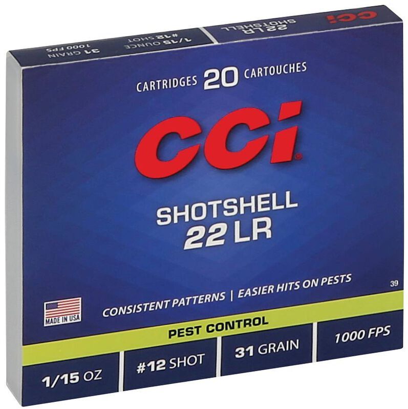 CCI Pest Control Rimfire Shotshell .22 LR, 31 Grain #12 Shot Rifle Ammo, 20-Rd