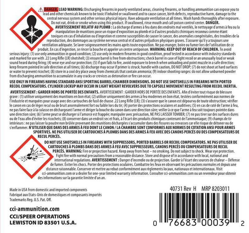 CCI Pest Control Rimfire Shotshell .22 LR, 31 Grain #12 Shot Rifle Ammo, 20-Rd