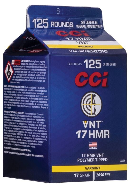 CCI VNT .17 HMR, 17 Grain VMR Polymer Tipped Rifle Ammo, 125-Rd