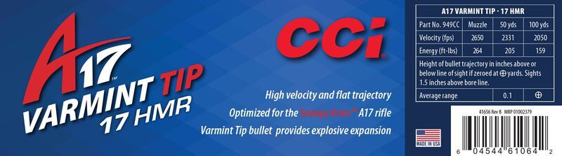 CCI A17 .17 HMR, 17 Grain Tipped Varmint Rifle Ammo, 200-Rd