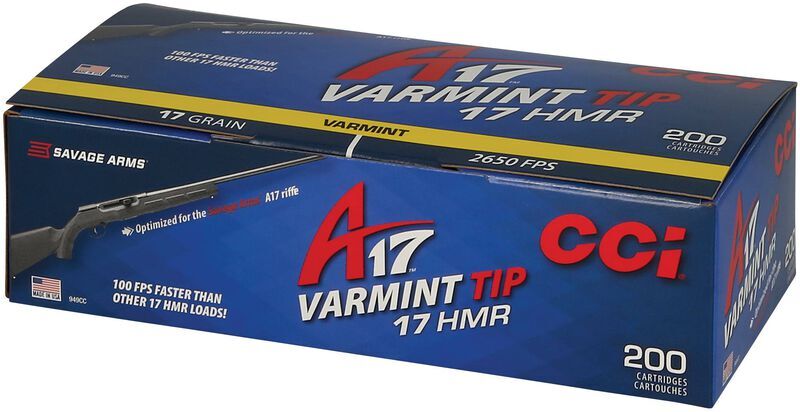 CCI A17 .17 HMR, 17 Grain Tipped Varmint Rifle Ammo, 200-Rd