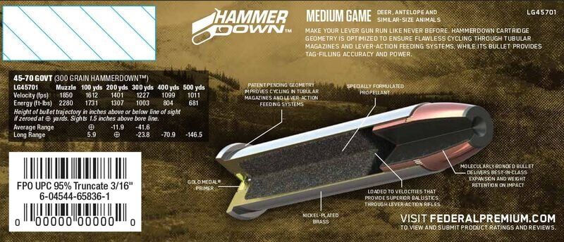 Federal HammerDown .45-70 Government, 300 Grain Bonded Soft Point Rifle Ammo, 20-Rd