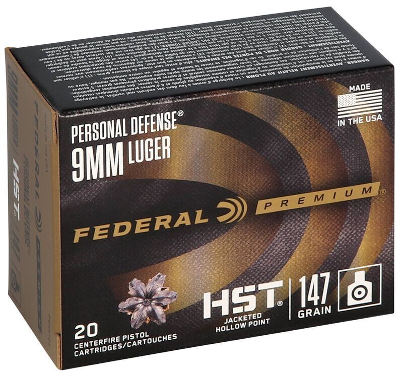 Federal Personal Defense HST 9mm Luger 147 Grain HST Jacketed Hollow Point Ammunition, 20-Rd
