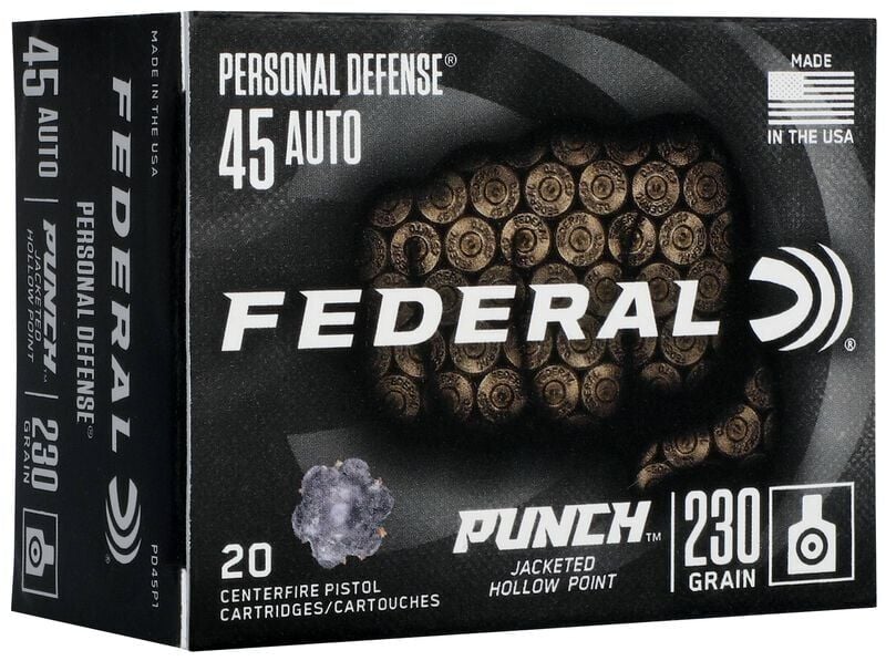 Federal Personal Defense Punch .45 Auto, 230 Grain Jacketed Hollow Point Pistol Ammo, 20-Rd