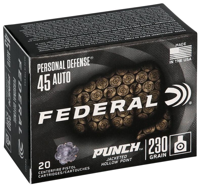 Federal Personal Defense Punch .45 Auto, 230 Grain Jacketed Hollow Point Pistol Ammo, 20-Rd