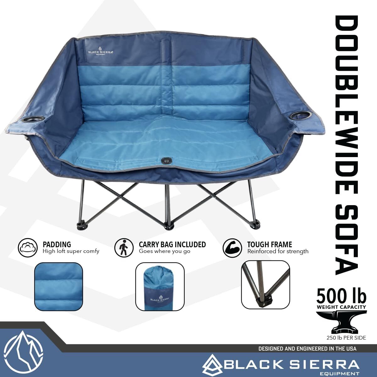 Black Sierra Doublewide Padded Folding Chair, Denim Blue