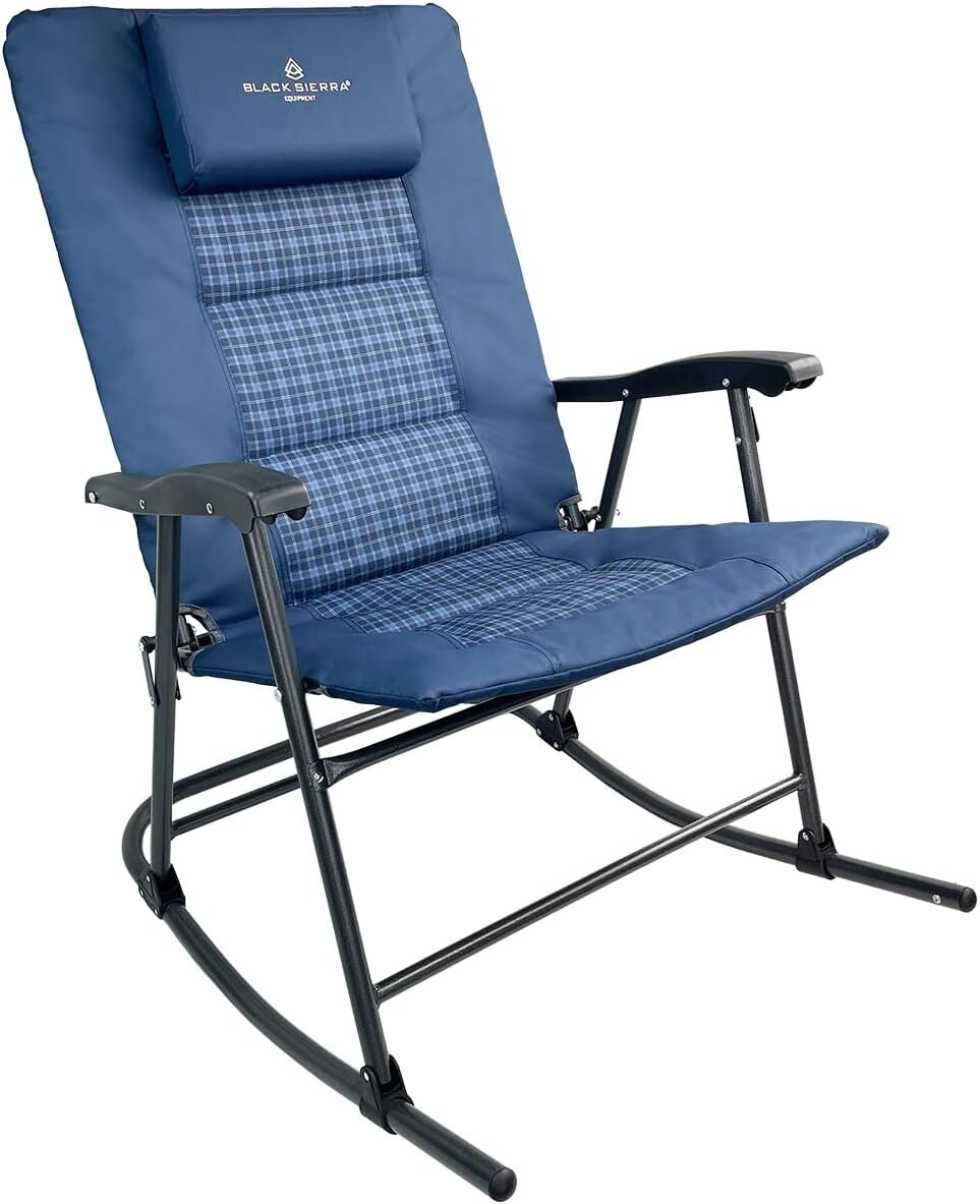 Black Sierra High Back Blue Plaid XL Oversize Folding Rocking Chair