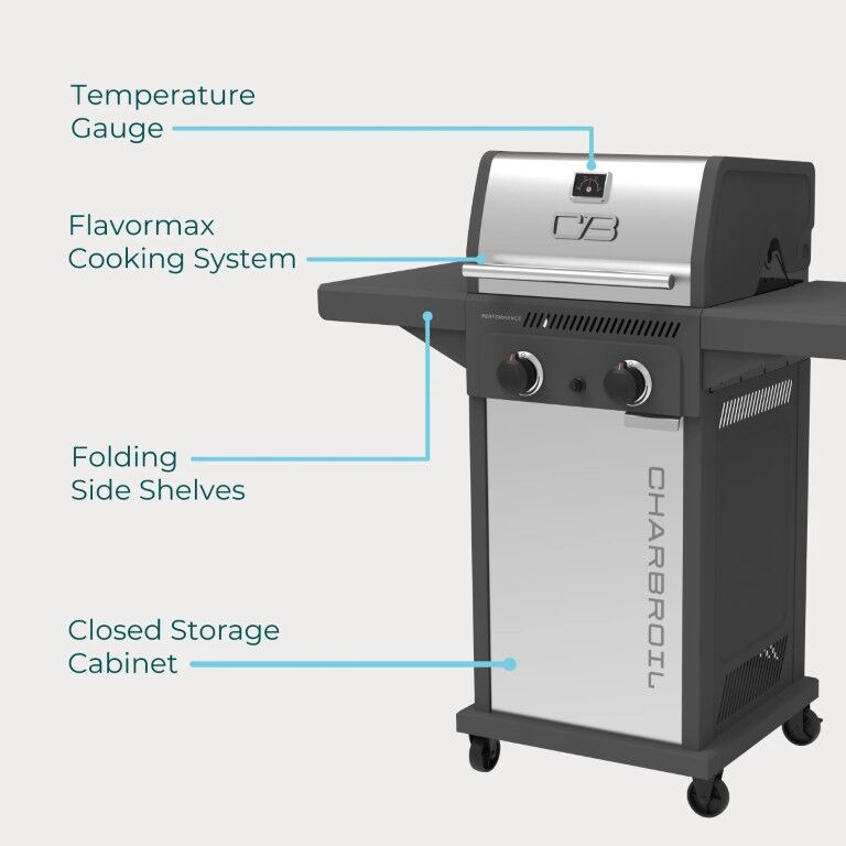 Charbroil Grey Stainless Performance Series FlavorMax 2 Burner Gas Grill with Foldable Side Shelves