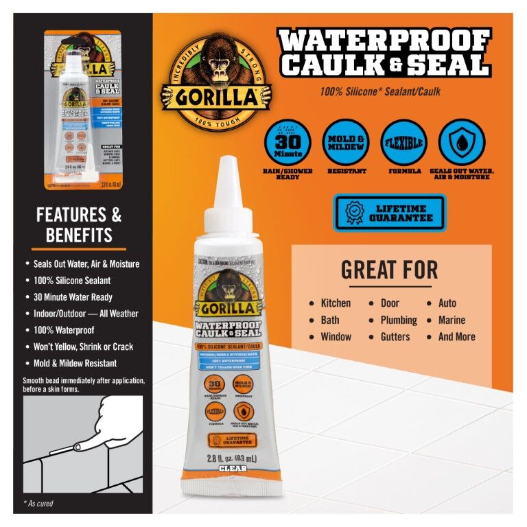 Gorilla Clear Waterproof Caulk & Seal 100% Silicone, 2.8-Oz