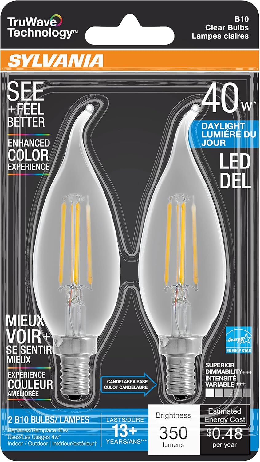 Sylvania TruWave B10 4 Watt Daylight Dimmable LED Light Bulb, 2-Pk