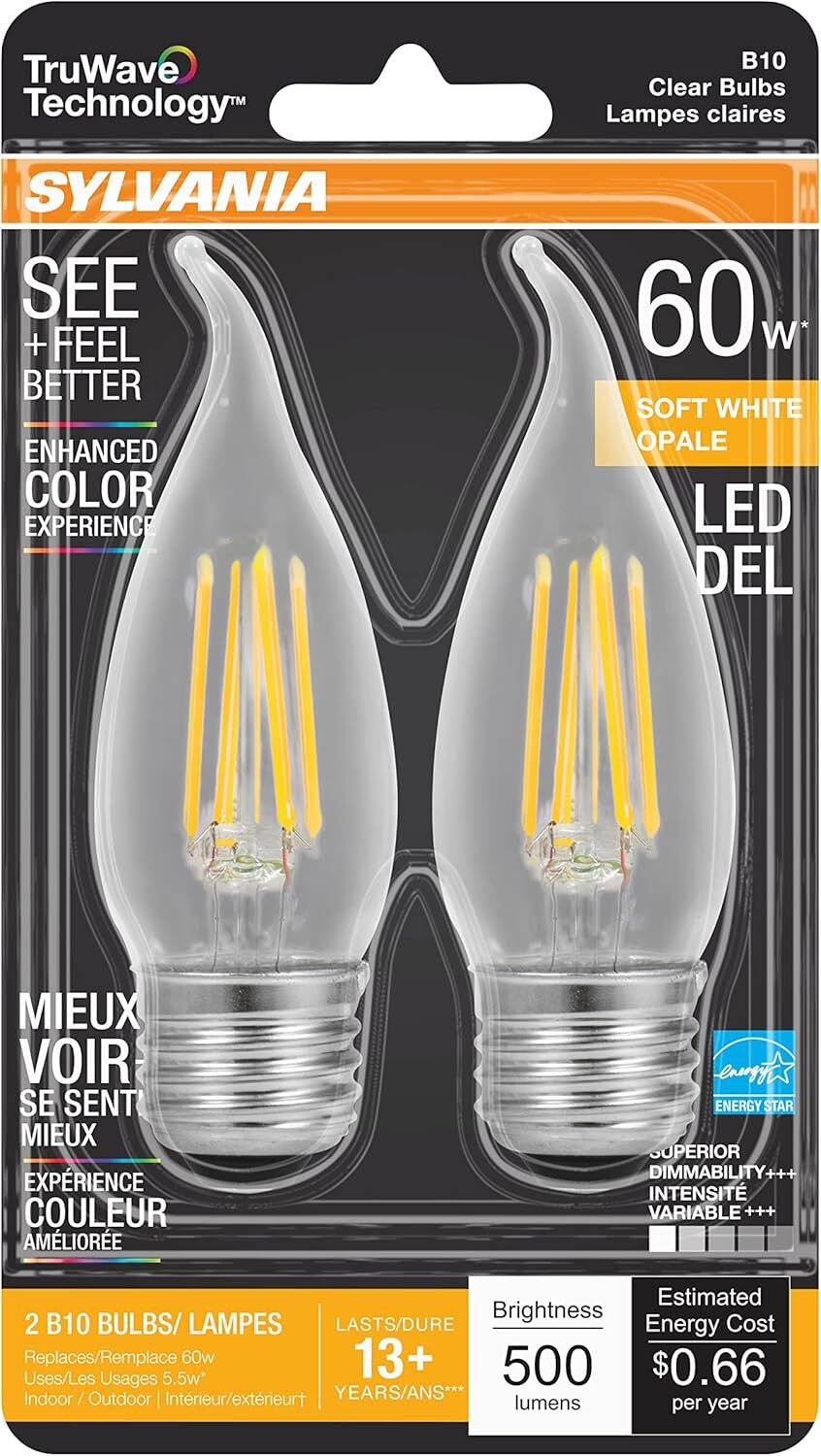 Sylvania TruWave B10 5.5 Watt Soft White Dimmable LED Light Bulb, 2-Pk