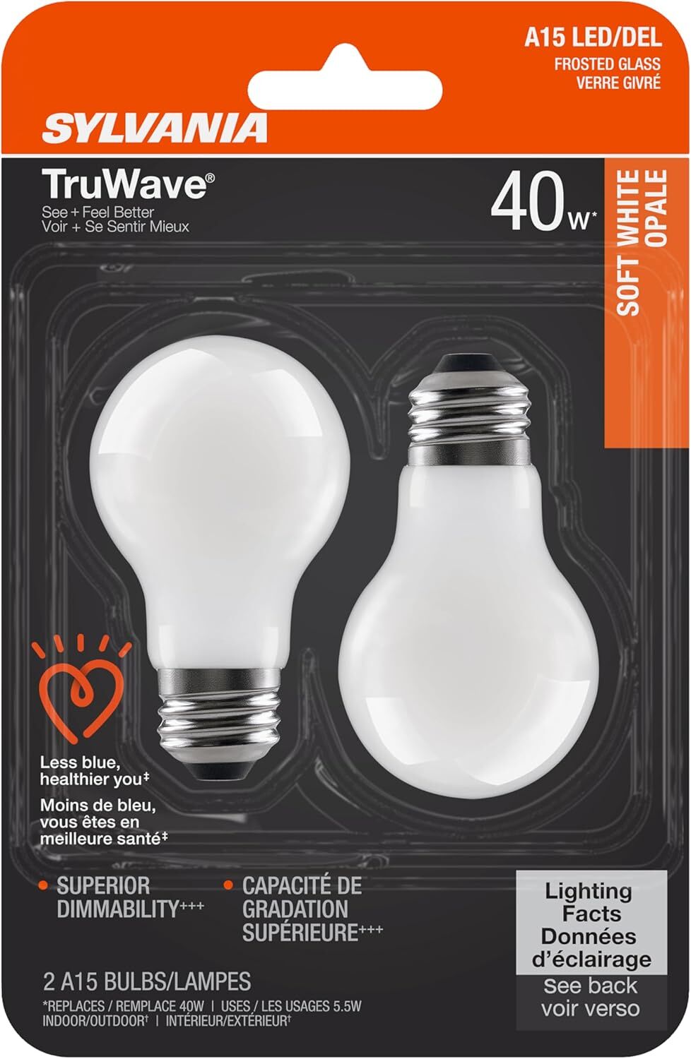 Sylvania TruWave A15 5.5 Watt Frosted Soft White Dimmable ‎E26 LED Light Bulb, 2-Pk