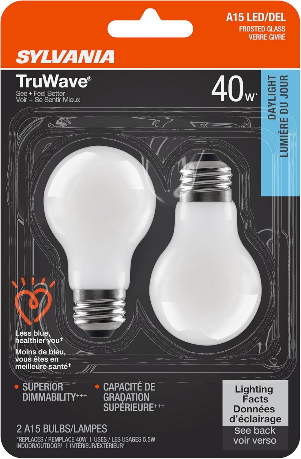 Sylvania TruWave A15 5.5 Watt Frosted Daylight Dimmable E26 LED Light Bulb, 2-Pk