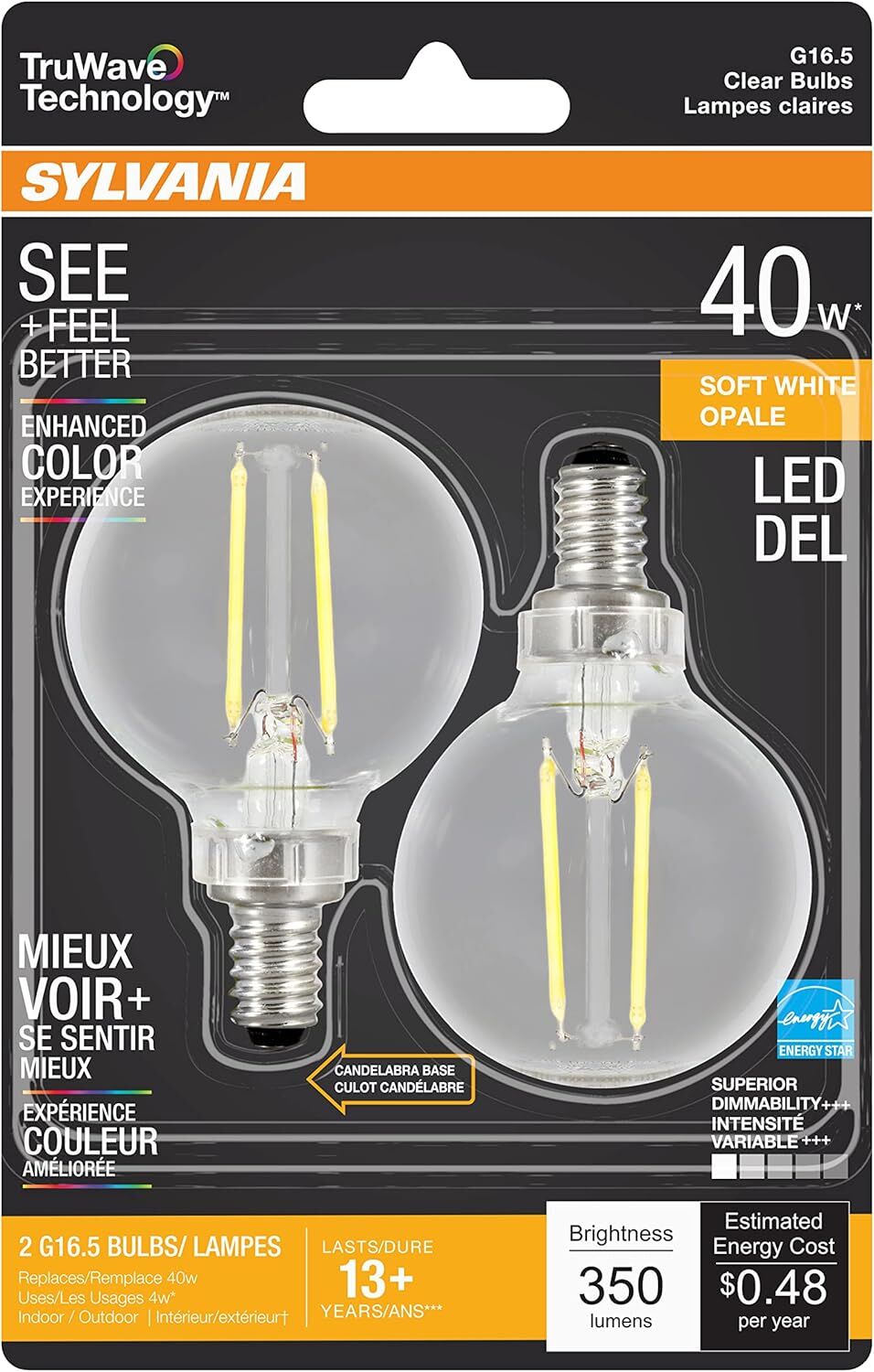 Sylvania TruWave G16.5 4 Watt Soft White Dimmable E12 LED Light Bulb, 2-Pk