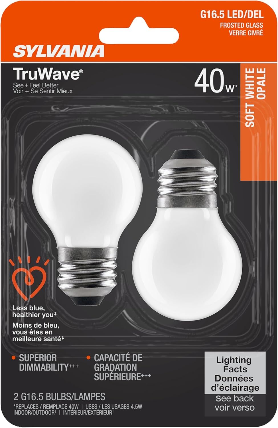 Sylvania TruWave G16.5  4.5 Watt Frosted Soft White Dimmable E26 LED Light Bulb, 2-Pk
