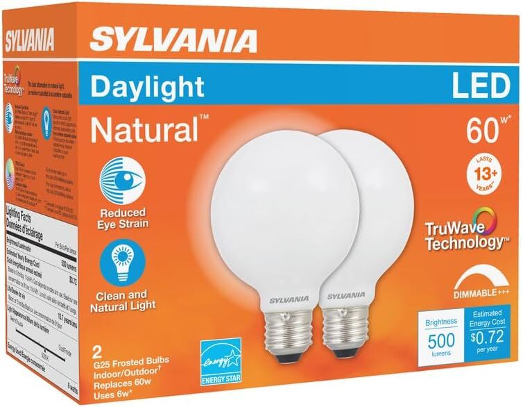 Sylvania TruWave G25 6 Watt Frosted Daylight Dimmable E26 LED Light Bulb, 2-Pk