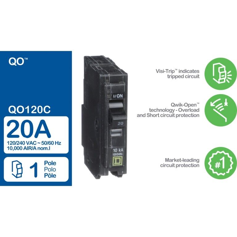 Square D QO Standard 1-Pole Mini Circuit Breaker, 20-A, 120-V/240-V AC