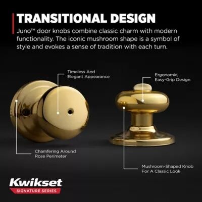 Kwikset Polished Brass Bed/Bath Juno Door Knob