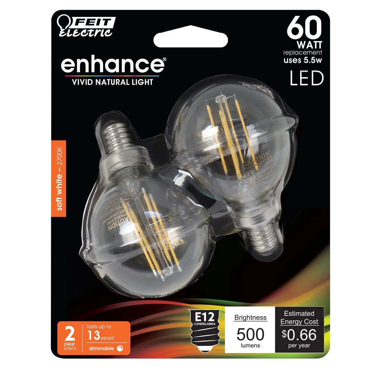 Feit Electric 60W Replacement G16 Soft White Dimmable Enhance Glass Filament Globe LED Bulbs, 2-Pk