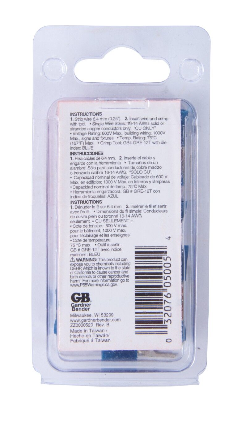 Gardner Bender Vinyl Insulated Spade Terminal, #16-#14 AWG