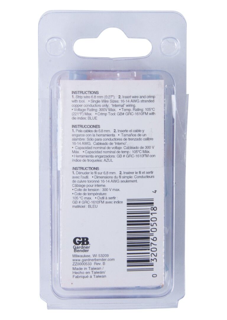 Gardner Bender Crimp Fully-insulated Disconnect Terminal Male/Female Pair, #16-#14-AWG, .20-Pk