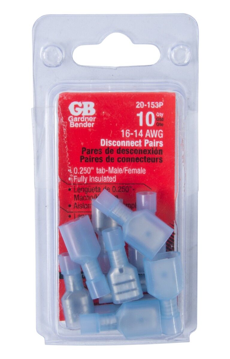 Gardner Bender Crimp Fully-insulated Disconnect Terminal Male/Female Pair, #16-#14-AWG, .20-Pk