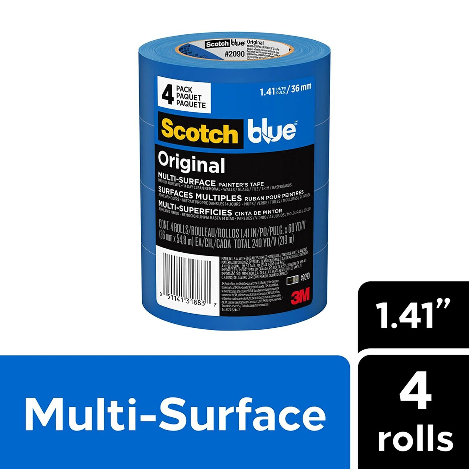 ScotchBlue Original Painter’s Tape, 1.41-In x 60-Yd, 4-Pk