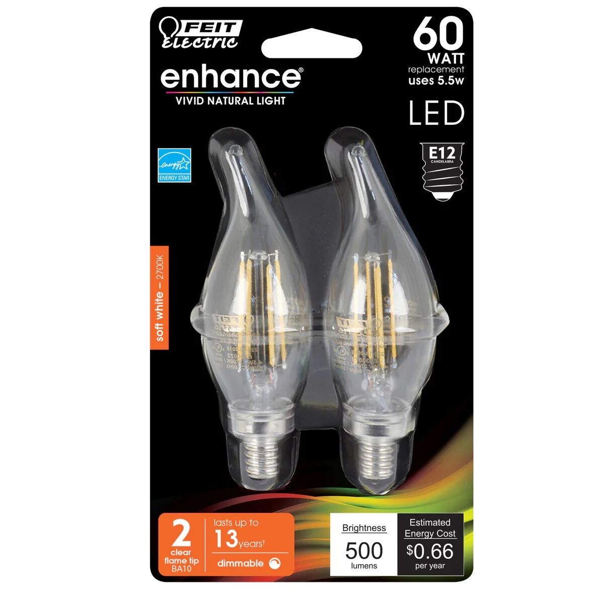 Feit Electric Soft White Clear Flame Tip Filament LED Light Bulb, 60-W, 2-Pk