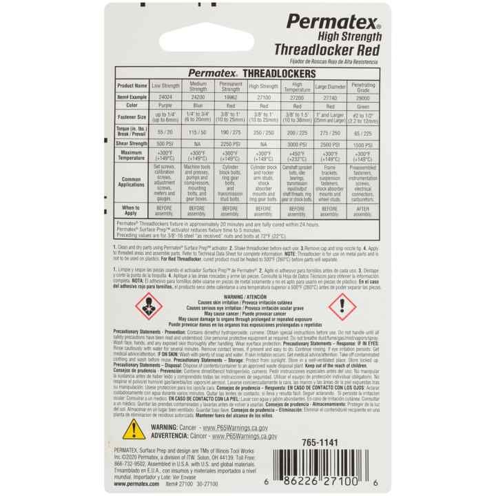Permatex Red High Strength Threadlocker, 6-ml
