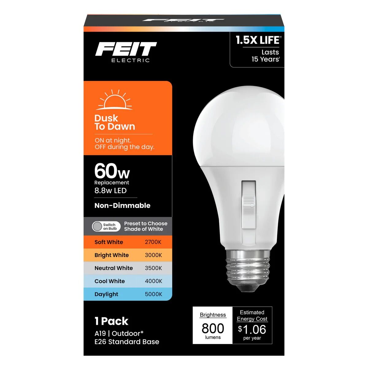 Feit Electric A19 8.8 Watt Frosted Adjustable White Sunlight Detecting LED Light Bulb