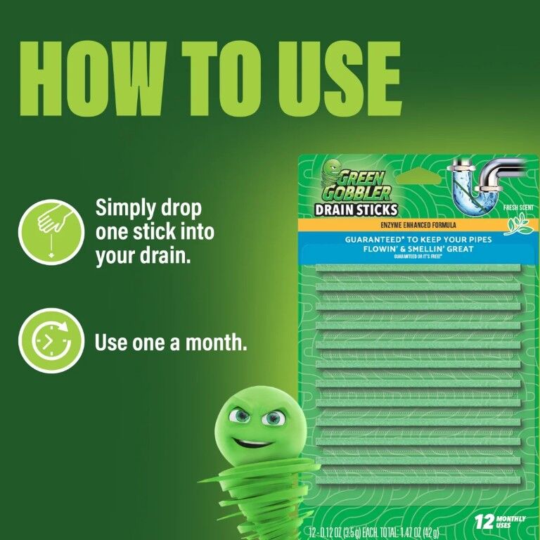 Green Gobbler Fresh Scent Drain Sticks Cleaner & Deodorizer, 12-Pk