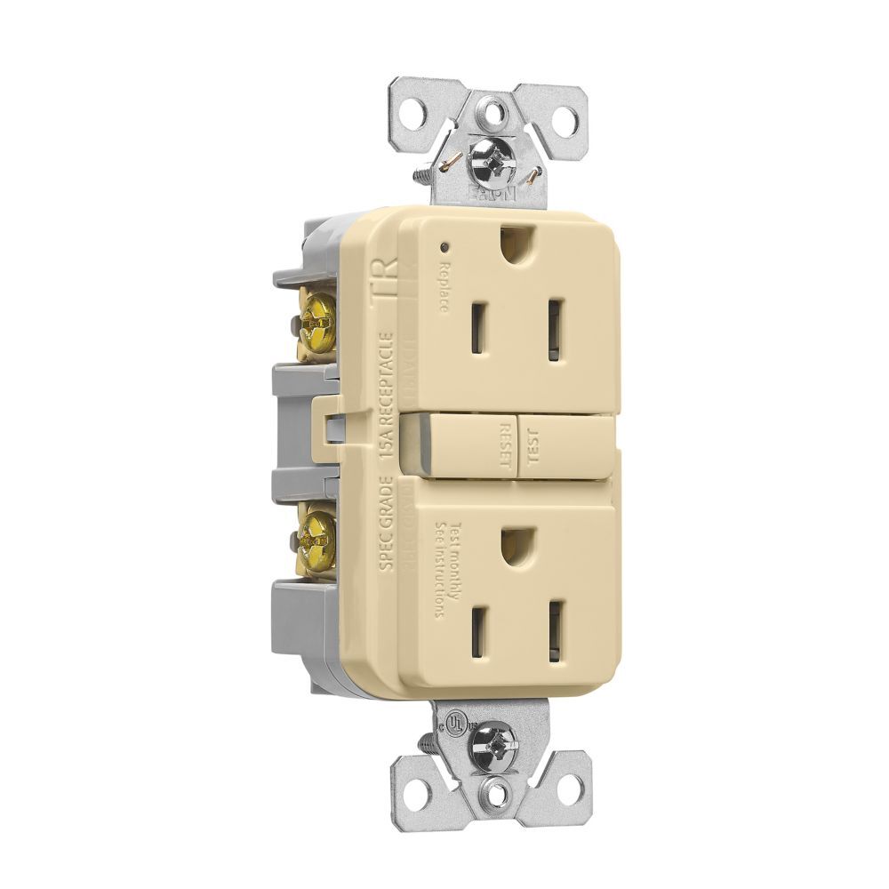 Eaton Ivory Tamper-Resistant Self-Test Slim NEMA 5:15R GFCI Receptacle 14-10 Gauge, 15-A, 125-V