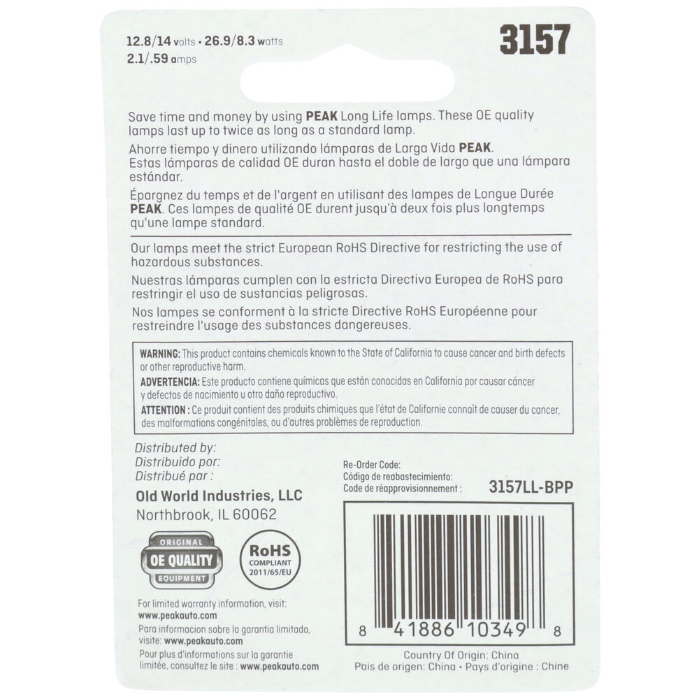 Peak Automotive 3157 Long Life Miniature Light Bulb, 2-Pk