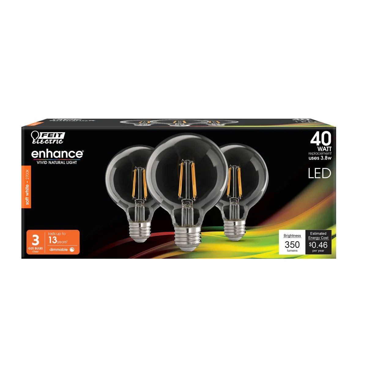 Feit Electric G25 Soft White Dimmable Enhance Glass Filament Globe LED Lights, 3-Pk
