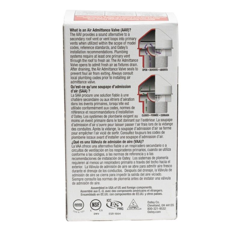 Oatey Sure-Vent 160 Branch 24 Stack DFU Air Admittance Valve, 1 1/2-In To 2-In