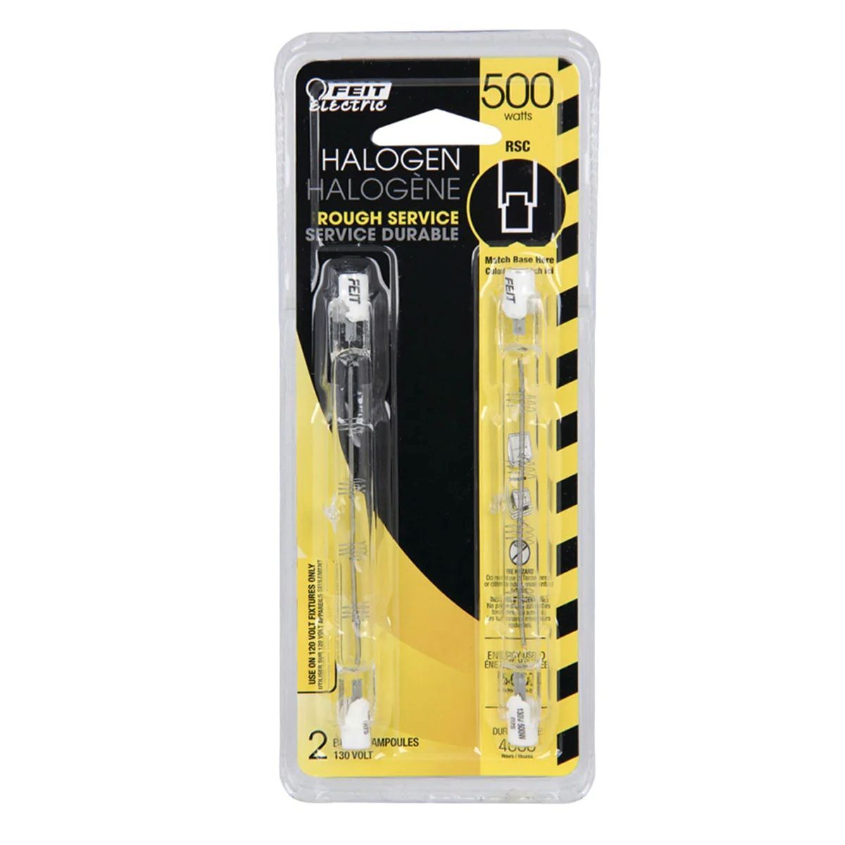 Feit Electric 500W Warm White T3 Double Ended Dimmable Halogen Rough Service Light Bulb, 2-Pk