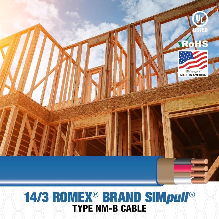 Romex Brand SIMpull Blue Jacket Copper Type NM-B Cable With Ground, 14 Gauge 3 Conductor SOL, 50-Ft