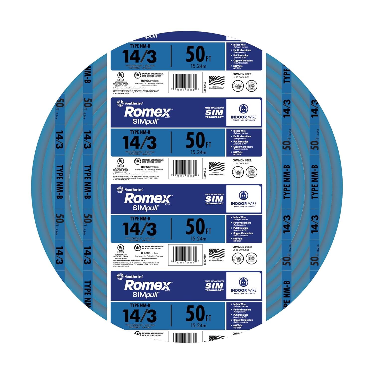 Romex Brand SIMpull Blue Jacket Copper Type NM-B Cable With Ground, 14 Gauge 3 Conductor SOL, 50-Ft