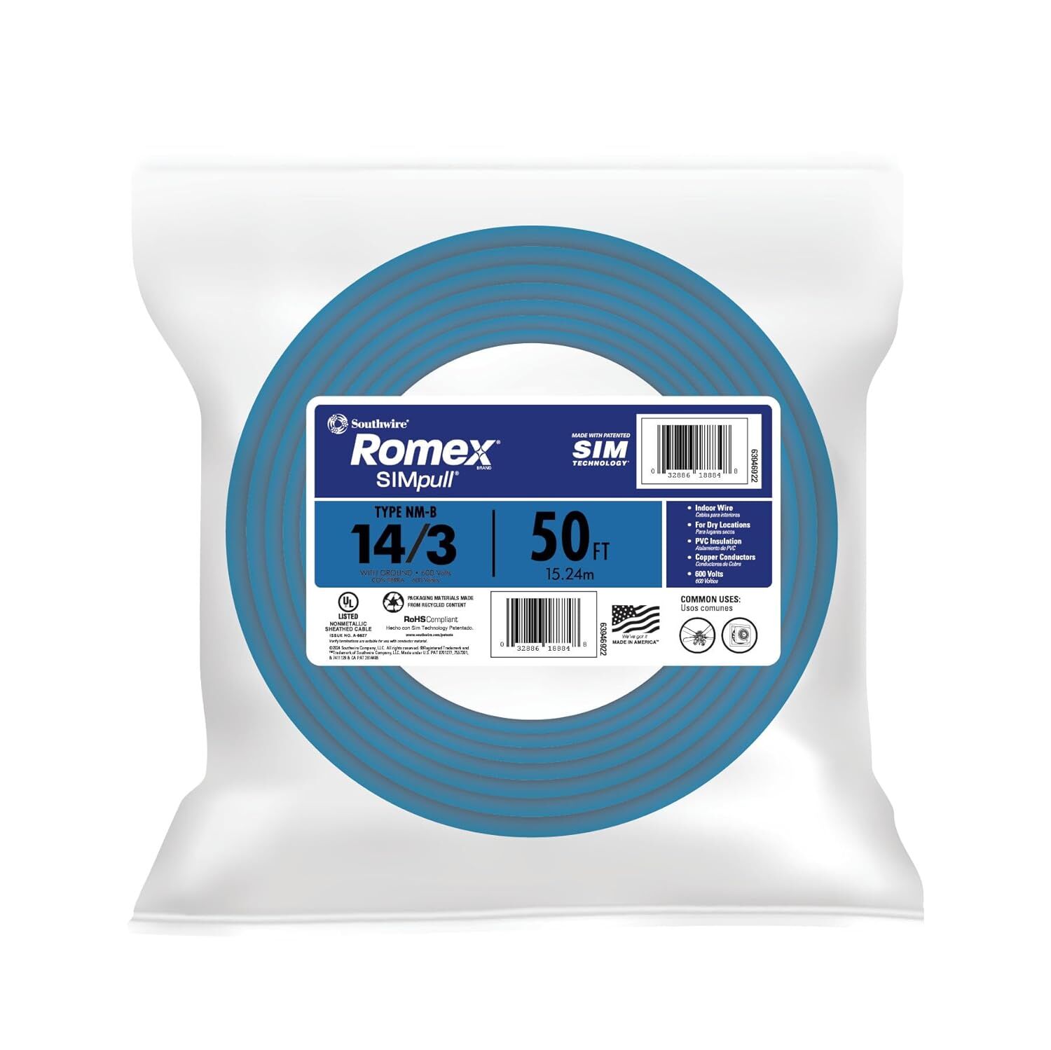 Romex Brand SIMpull Blue Jacket Copper Type NM-B Cable With Ground, 14 Gauge 3 Conductor SOL, 50-Ft