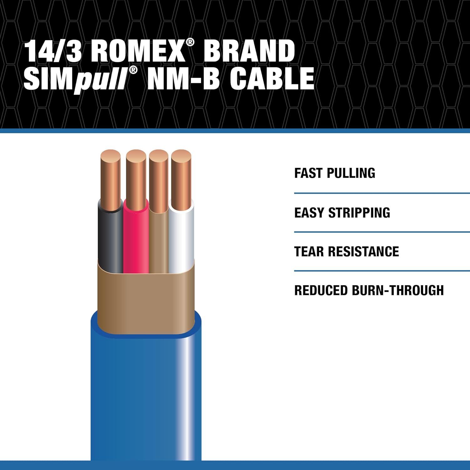 Romex Brand SIMpull Blue Jacket Copper Type NM-B Cable With Ground, 14 Gauge 3 Conductor SOL, 50-Ft