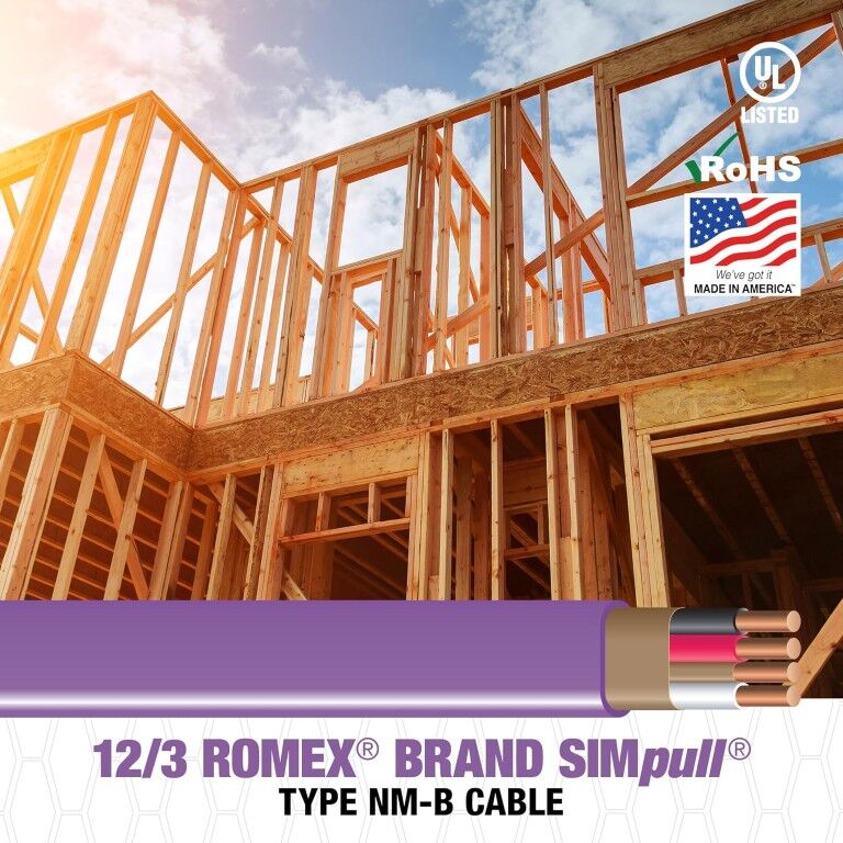 Southwire Romex SIMpull Purple NM-B Copper Cable 12 Gauge 3 Conductor Solid With Ground, 50-Ft