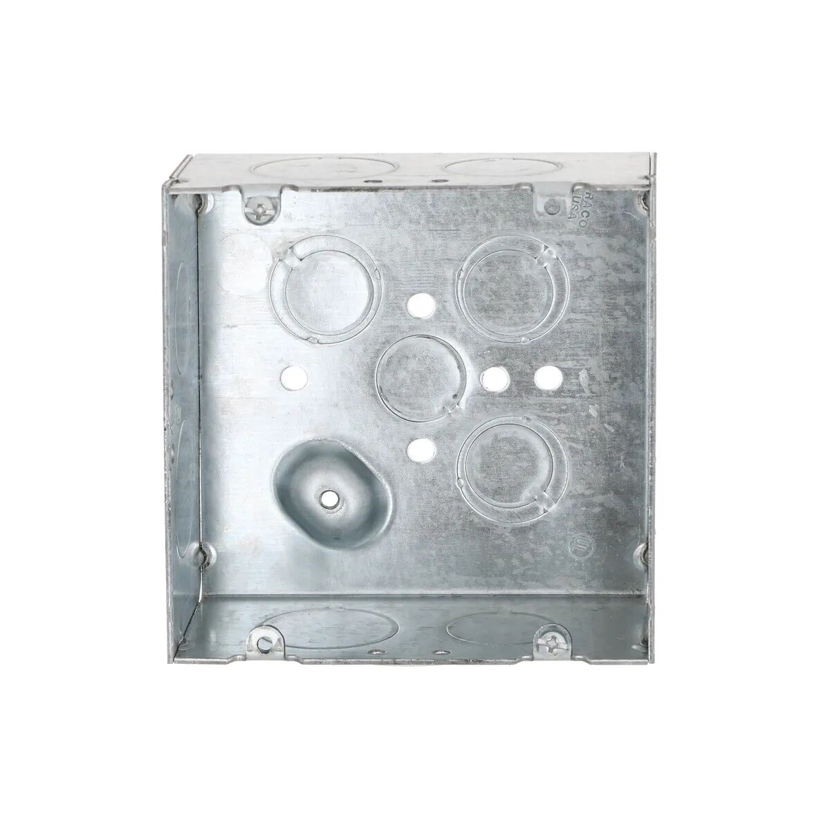 Raco Welded Square Steel Electrical Box With Raised Ground And 12 Knockouts, 4 11/16-In x 2 1/8-In